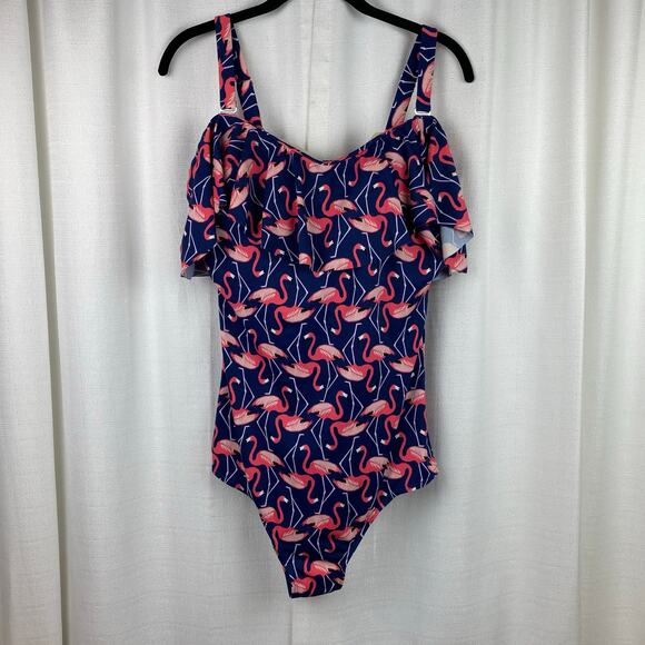 Eloquii Blue&Pink Flamingo Print One Piece Swimsuit Sz.14W - Picture 3 of 16